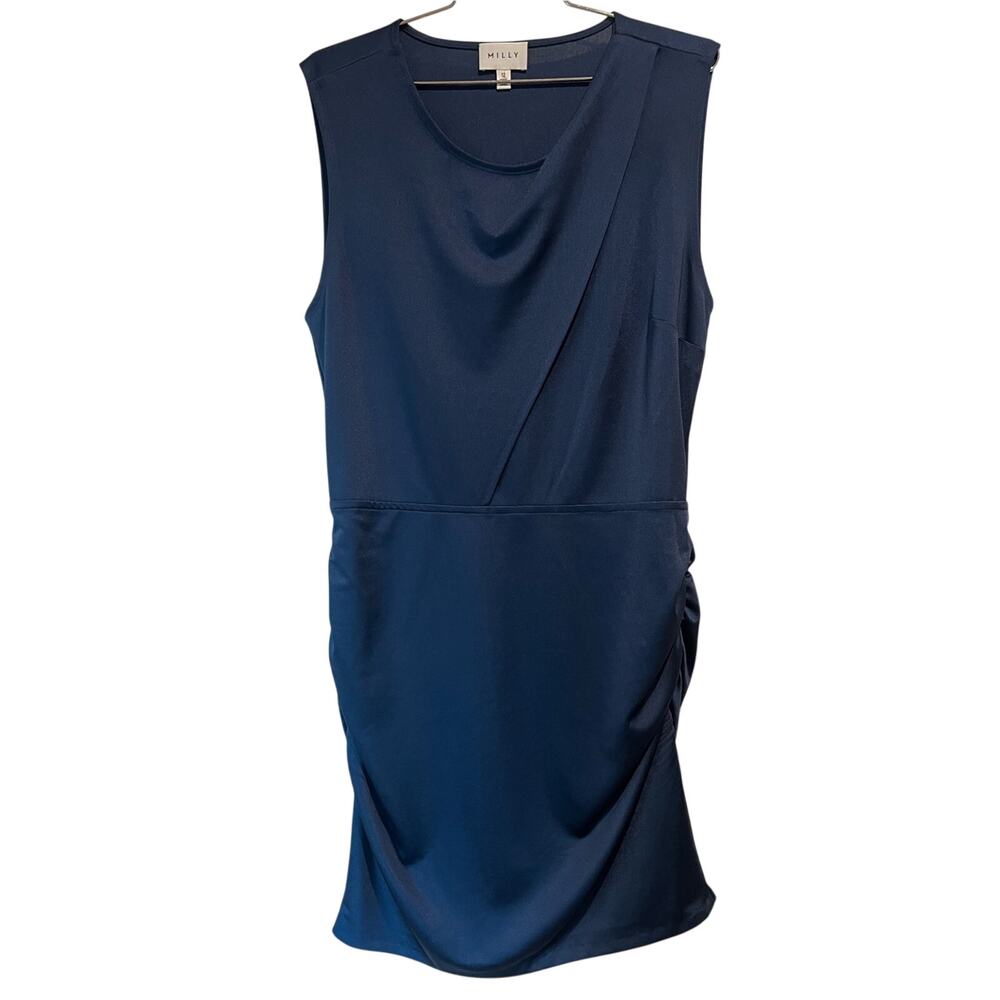 Milly Navy Ruched Sheath Dress Elegant Minimalist Cocktail Size L Pit 21